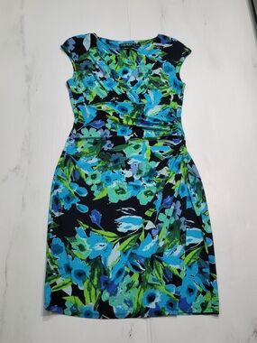 NWOT Lauren Ralph Lauren Blue Green Floral Ruched Side Jersey Dress 8